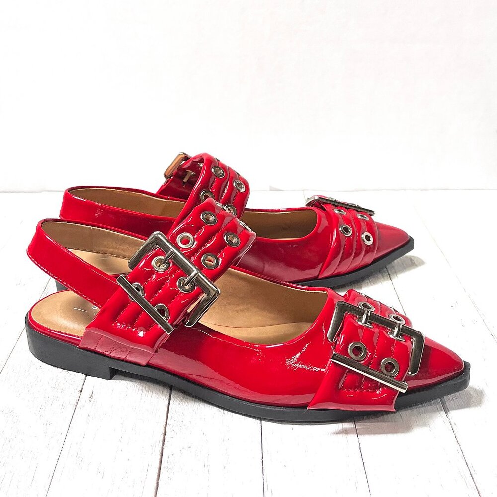 New Womens Red Buckle Pointed Toe Mary Jane Ballet Flats